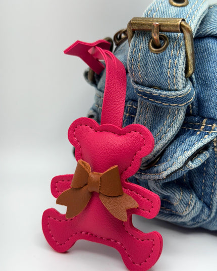 Teddy Bear Bag Charm – Faux Leather Bear Keychain with Bow | Cute Minimalist Bag Accessory | 5 Color Options