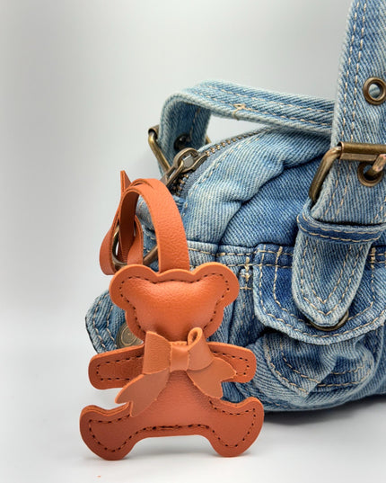 Teddy Bear Bag Charm – Faux Leather Bear Keychain with Bow | Cute Minimalist Bag Accessory | 5 Color Options