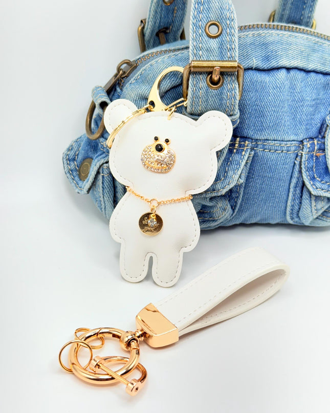 Teddy Bear Bag Charm – Faux Leather Bear Charm with Gold Chain & Tag - Cute Bag Accessory with Wrist Strap