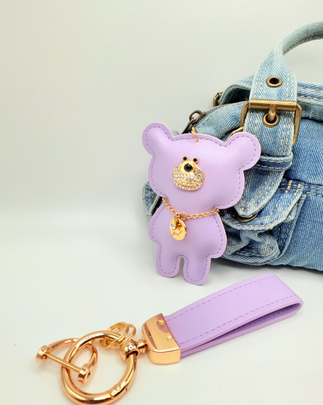 Teddy Bear Bag Charm – Faux Leather Bear Charm with Gold Chain & Tag - Cute Bag Accessory with Wrist Strap