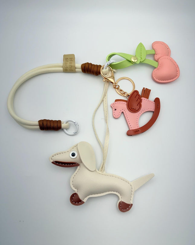 Cute Dog & Pony Leather Bag Charm Set -- Bundle – Bag Charms with Fruit Heart Detail | Kawaii Animal Keyring Gift Idea