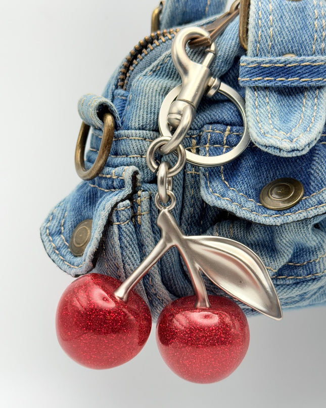 Sparkling Cherry Bag Charm – Red Glitter Cherries with Silver or Gold Metal Finish