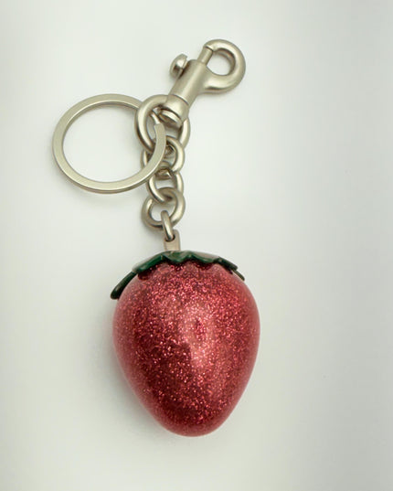 Glitter Strawberry Keychain – Sparkly Red Resin Fruit Charm with Green Top | Cute Bag Accessory with Silver Hardware