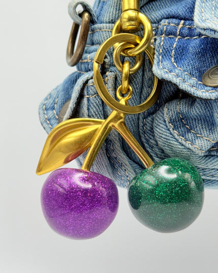 Purple & Green Glitter Cherry Keychain – Dual-Color Resin Fruit Charm with Gold Stem | Cute Statement Bag Accessory