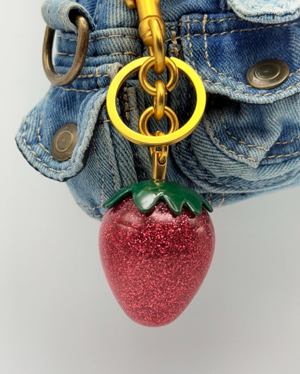 Glitter Strawberry Keychain – Sparkly Red Resin Fruit Charm with Green Top | Cute Bag Accessory with Silver Hardware