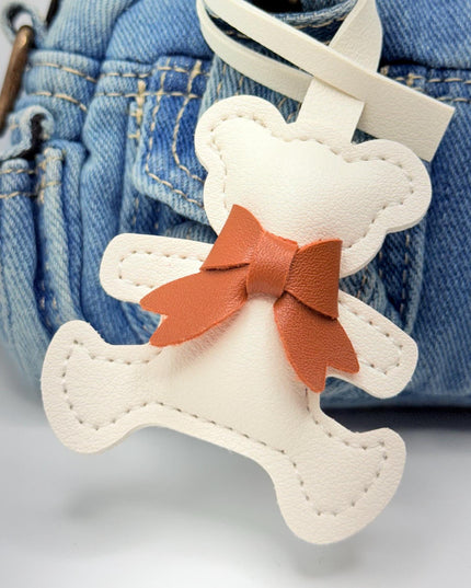 Teddy Bear Bag Charm – Faux Leather Bear Keychain with Bow | Cute Minimalist Bag Accessory | 5 Color Options