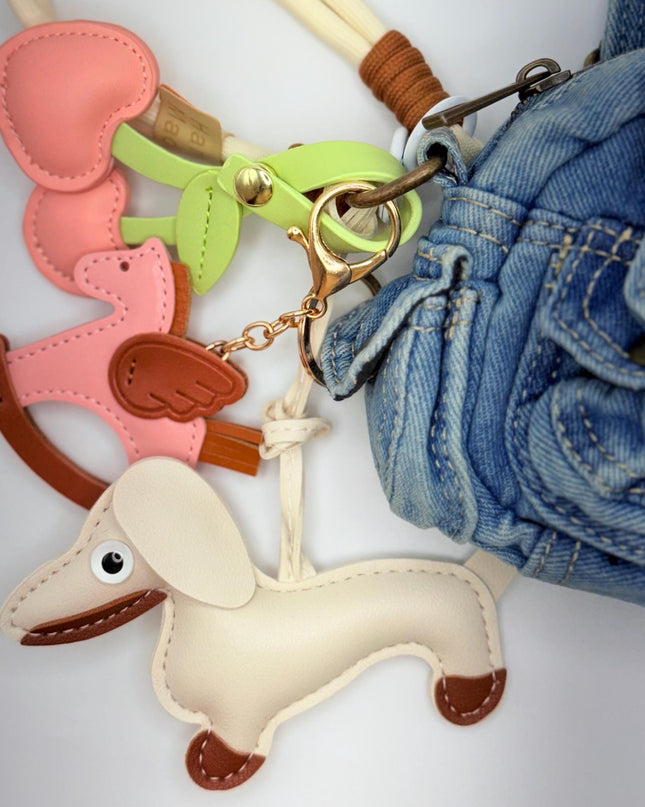 Cute Dog & Pony Leather Bag Charm Set -- Bundle – Bag Charms with Fruit Heart Detail | Kawaii Animal Keyring Gift Idea