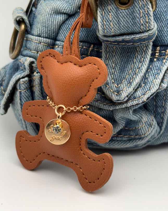 Teddy Bear Bag Charm – Faux Leather Bag Charm with Gold Pendant | Cute Bear Accessory in 4 Colors