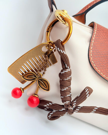 Vintage Cherry & Comb Bag Charm Bundle – Retro Bronze Bag Charm with Cherry