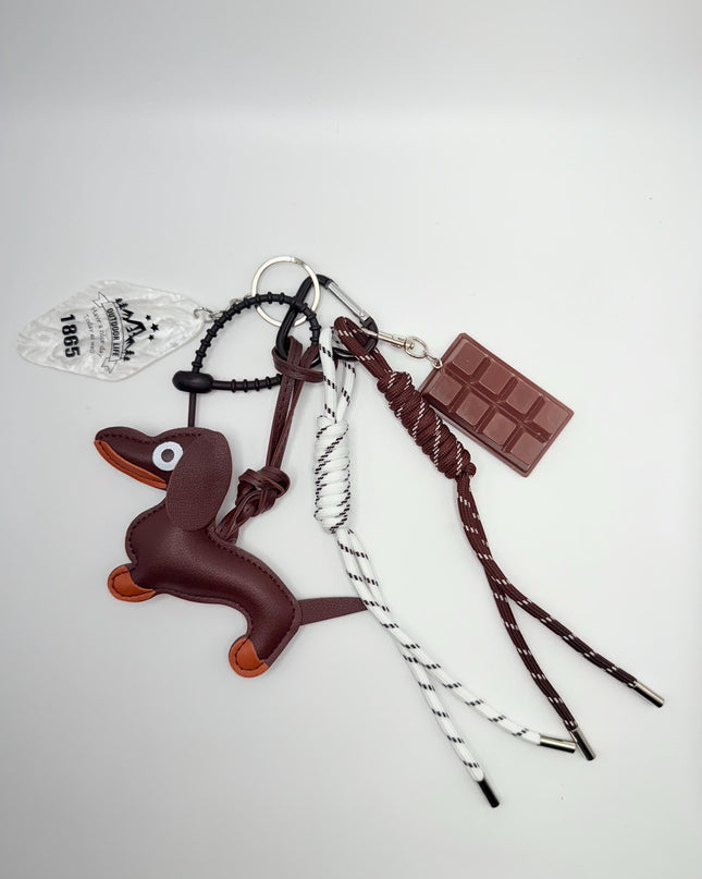 Dachshund Dog Bag Charm with Rope Knots & Candy Bar – Cute Retro Accessory for Bag