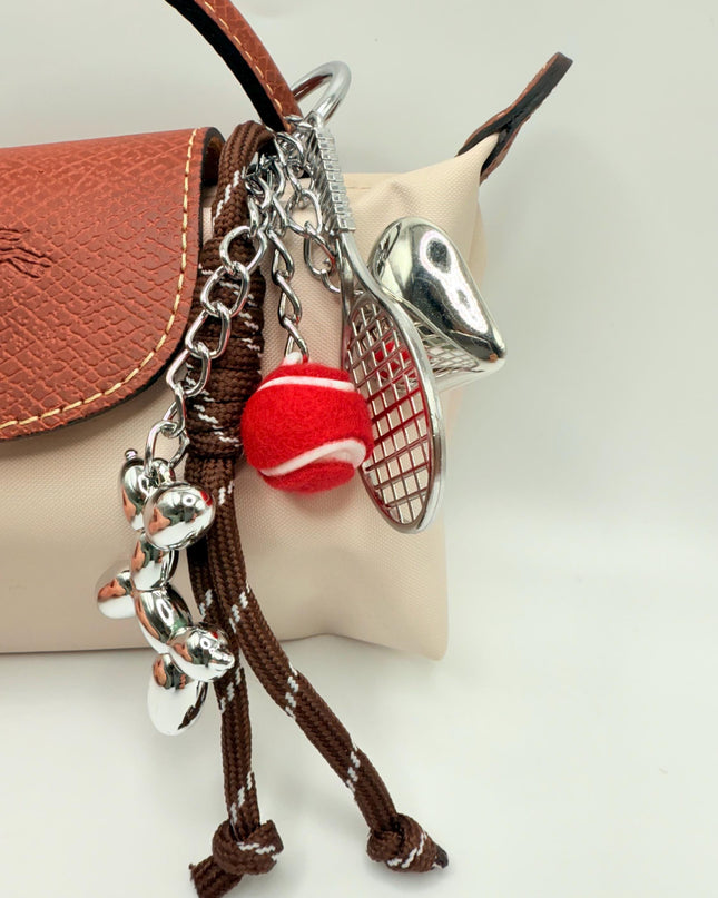Sporty Balloon Dog Bag Charm – Tennis Charm Bag Accessory with Silver Heart & Racket – Unisex Funky Gift
