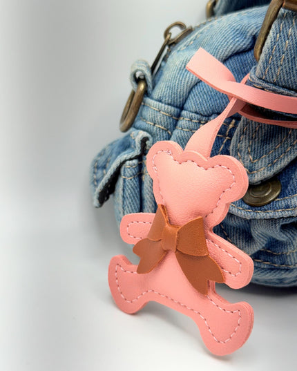 Teddy Bear Bag Charm – Faux Leather Bear Keychain with Bow | Cute Minimalist Bag Accessory | 5 Color Options