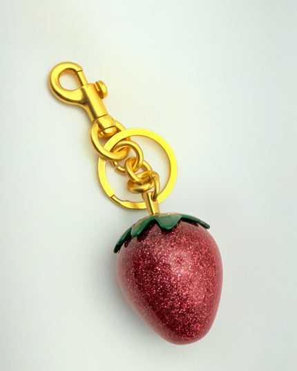 Glitter Strawberry Keychain – Sparkly Red Resin Fruit Charm with Green Top | Cute Bag Accessory with Silver Hardware