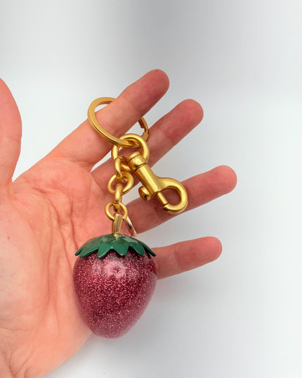 Glitter Strawberry Keychain – Sparkly Red Resin Fruit Charm with Green Top | Cute Bag Accessory with Silver Hardware