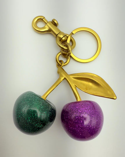 Purple & Green Glitter Cherry Keychain – Dual-Color Resin Fruit Charm with Gold Stem | Cute Statement Bag Accessory