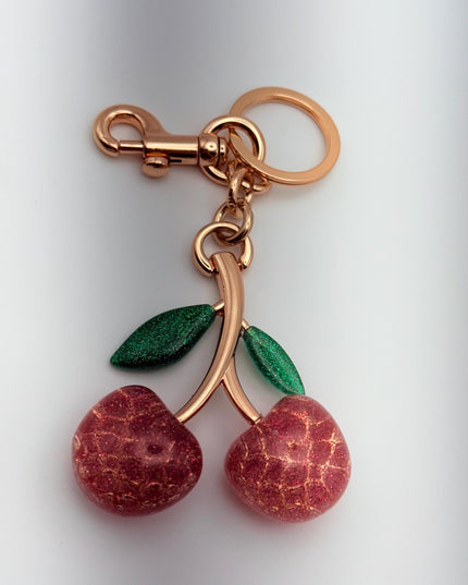 Glitter Cherry Keychain with Rose Gold Stem – Sparkly Red Resin Fruit Charm with Green Leaves | Cute Bag Accessory or Gift