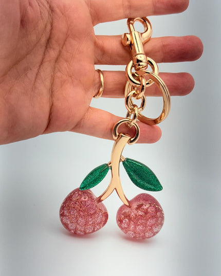 Glitter Cherry Keychain with Rose Gold Stem – Sparkly Red Resin Fruit Charm with Green Leaves | Cute Bag Accessory or Gift