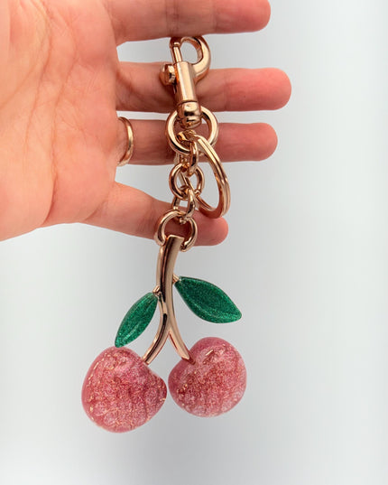 Glitter Cherry Keychain with Rose Gold Stem – Sparkly Red Resin Fruit Charm with Green Leaves | Cute Bag Accessory or Gift
