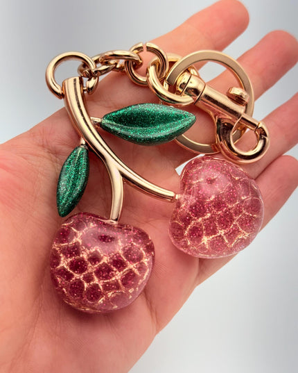 Glitter Cherry Keychain with Rose Gold Stem – Sparkly Red Resin Fruit Charm with Green Leaves | Cute Bag Accessory or Gift