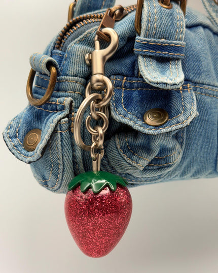 Glitter Strawberry Keychain – Sparkly Red Resin Fruit Charm with Green Top | Cute Bag Accessory with Silver Hardware