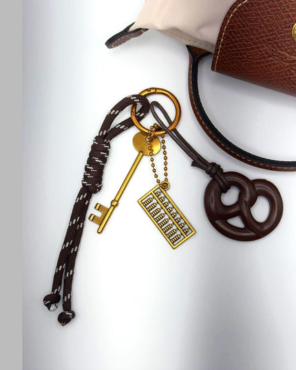 Vintage Key & Abacus Bag Charm with Trendy Pretzel Charm – Retro Bag Charm with Antique Style