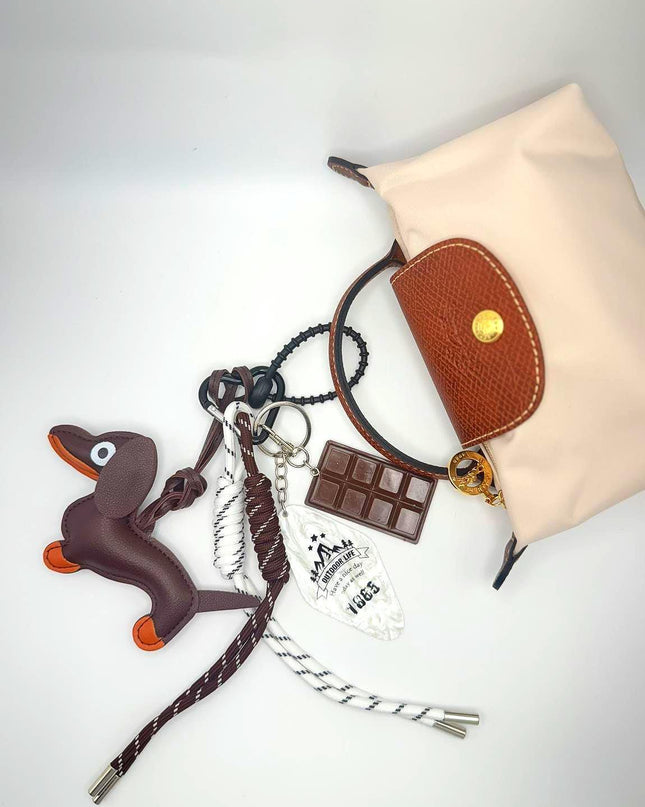 Dachshund Dog Bag Charm with Rope Knots & Candy Bar – Cute Retro Accessory for Bag