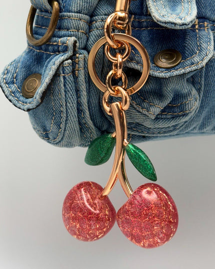 Glitter Cherry Keychain with Rose Gold Stem – Sparkly Red Resin Fruit Charm with Green Leaves | Cute Bag Accessory or Gift