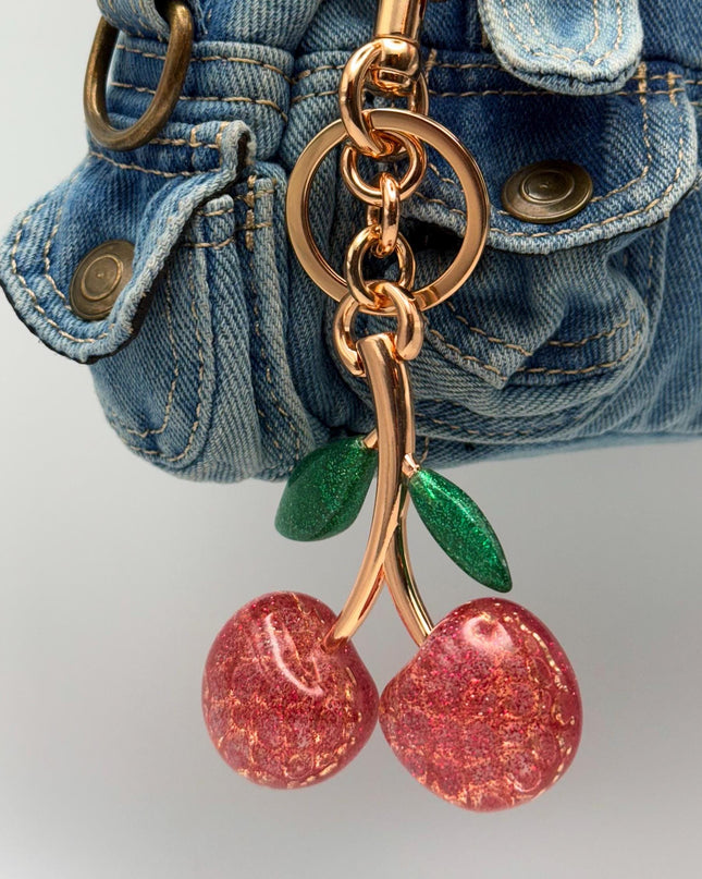Glitter Cherry Keychain with Rose Gold Stem – Sparkly Red Resin Fruit Charm with Green Leaves | Cute Bag Accessory or Gift