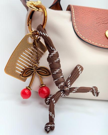 Vintage Cherry & Comb Bag Charm Bundle – Retro Bronze Bag Charm with Cherry