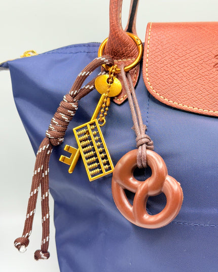 Vintage Key & Abacus Bag Charm with Trendy Pretzel Charm – Retro Bag Charm with Antique Style
