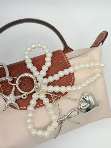 Pearl Bow Bag Charm | Cute Keychain with Heart, Starfish & Bow Charms | Cute Aesthetic Purse Accessory