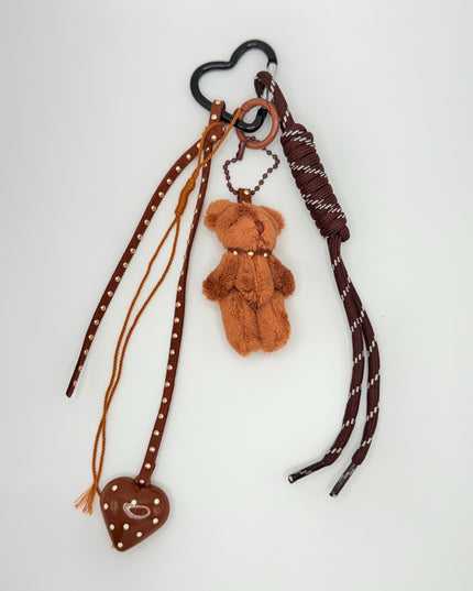 Brown Teddy Bear Bag Charm – Plush Keychain with Heart Accent, Ribbons & Heart Clip
