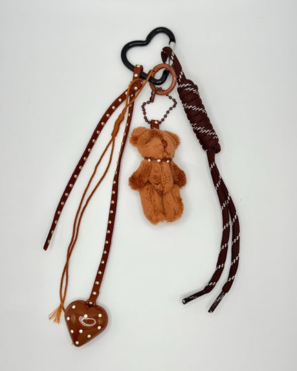 Brown Teddy Bear Bag Charm – Plush Keychain with Heart Accent, Ribbons & Heart Clip