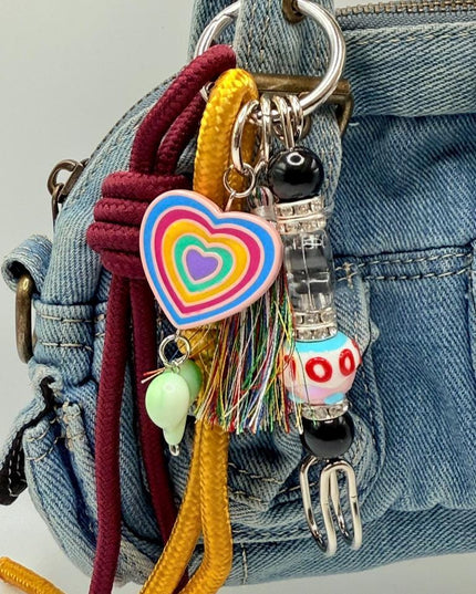 LOVE Heart Safety Pin Bag Charm – Beaded Clip with Tassel & Knotted Rope, Colorful Purse Charm