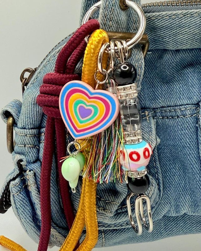 LOVE Heart Safety Pin Bag Charm – Beaded Clip with Tassel & Knotted Rope, Colorful Purse Charm