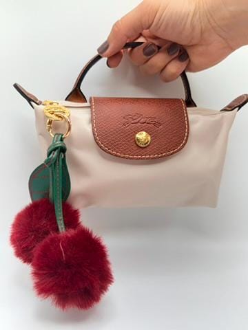 Cherry Pom Pom Bag Charm – Red Fluffy Keychain with Green Leaf, Cute Purse Accessory