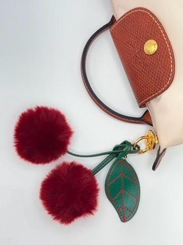 Cherry Pom Pom Bag Charm – Red Fluffy Keychain with Green Leaf, Cute Purse Accessory