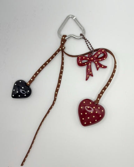 Heart & Bow Bag Charm – Polka Dot Keychain with Red and Black Hearts, Girly Purse Accessory