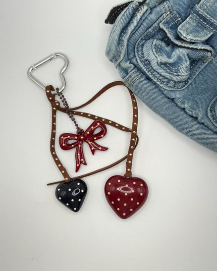 Heart & Bow Bag Charm – Polka Dot Keychain with Red and Black Hearts, Girly Purse Accessory
