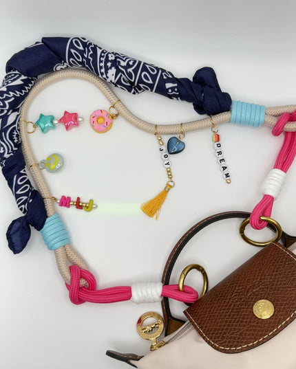 Colorful Rope Bag Strap with Charms – Custom Initials & Beads – Statement Shoulder Strap for Purses