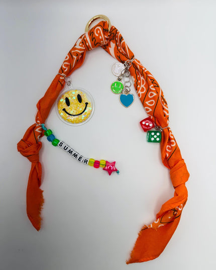 Orange Summer Bandana Bag Charm – Smiley Face, Dice & Beads Accessory | Funky Keychain | Handmade Bag Charm