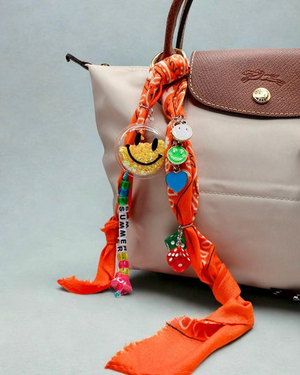 Orange Summer Bandana Bag Charm – Smiley Face, Dice & Beads Accessory | Funky Keychain | Handmade Bag Charm