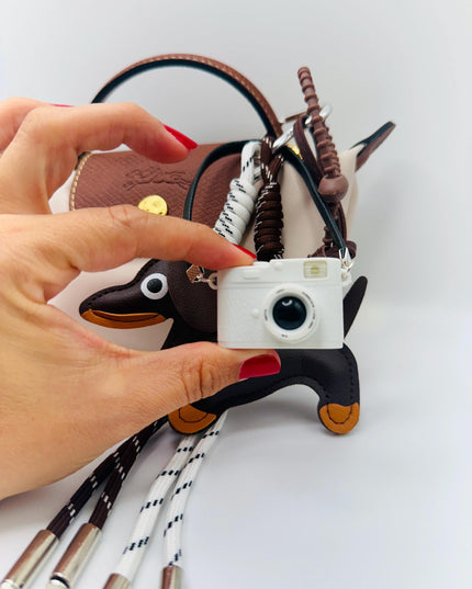 Flash Camera with Dog Bag Charm  – Brown Leather Keychain Accessory, Gift for Dog Lovers