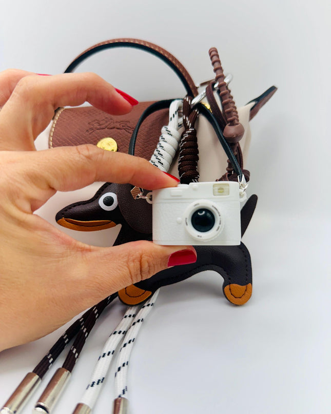 Flash Camera with Dog Bag Charm  – Brown Leather Keychain Accessory, Gift for Dog Lovers
