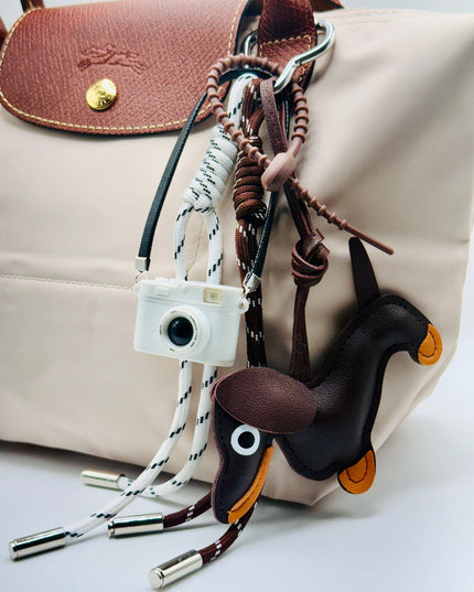 Flash Camera with Dog Bag Charm  – Brown Leather Keychain Accessory, Gift for Dog Lovers