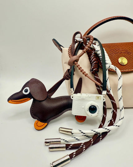 Flash Camera with Dog Bag Charm  – Brown Leather Keychain Accessory, Gift for Dog Lovers