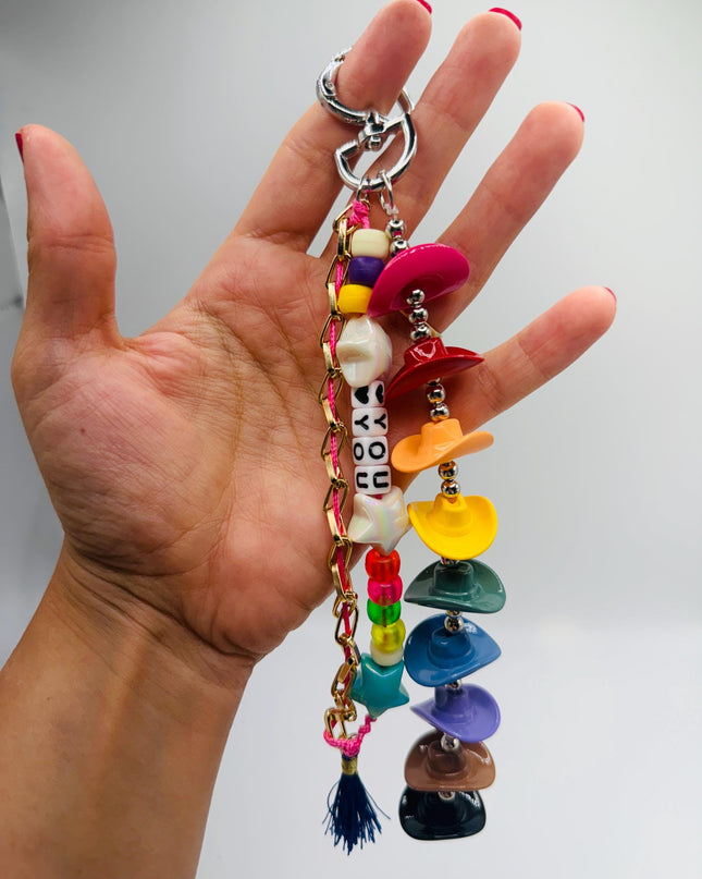 Rainbow Cowboy Hat Bag Charm - Colorful Western Charm with Heart Clasp, Tassel & Beads - Personalized Unique Statement Bagcharm Accessory