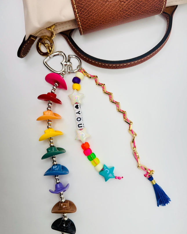 Rainbow Cowboy Hat Bag Charm - Colorful Western Charm with Heart Clasp, Tassel & Beads - Personalized Unique Statement Bagcharm Accessory