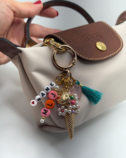 Personalized Ice Cream Cone Keychain – Name Beads, Cute Tassel & Heart Charm – Custom Bag Charm Gift
