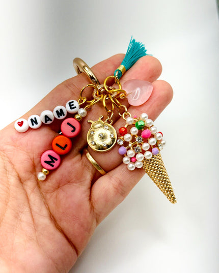 Personalized Ice Cream Cone Keychain – Name Beads, Cute Tassel & Heart Charm – Custom Bag Charm Gift